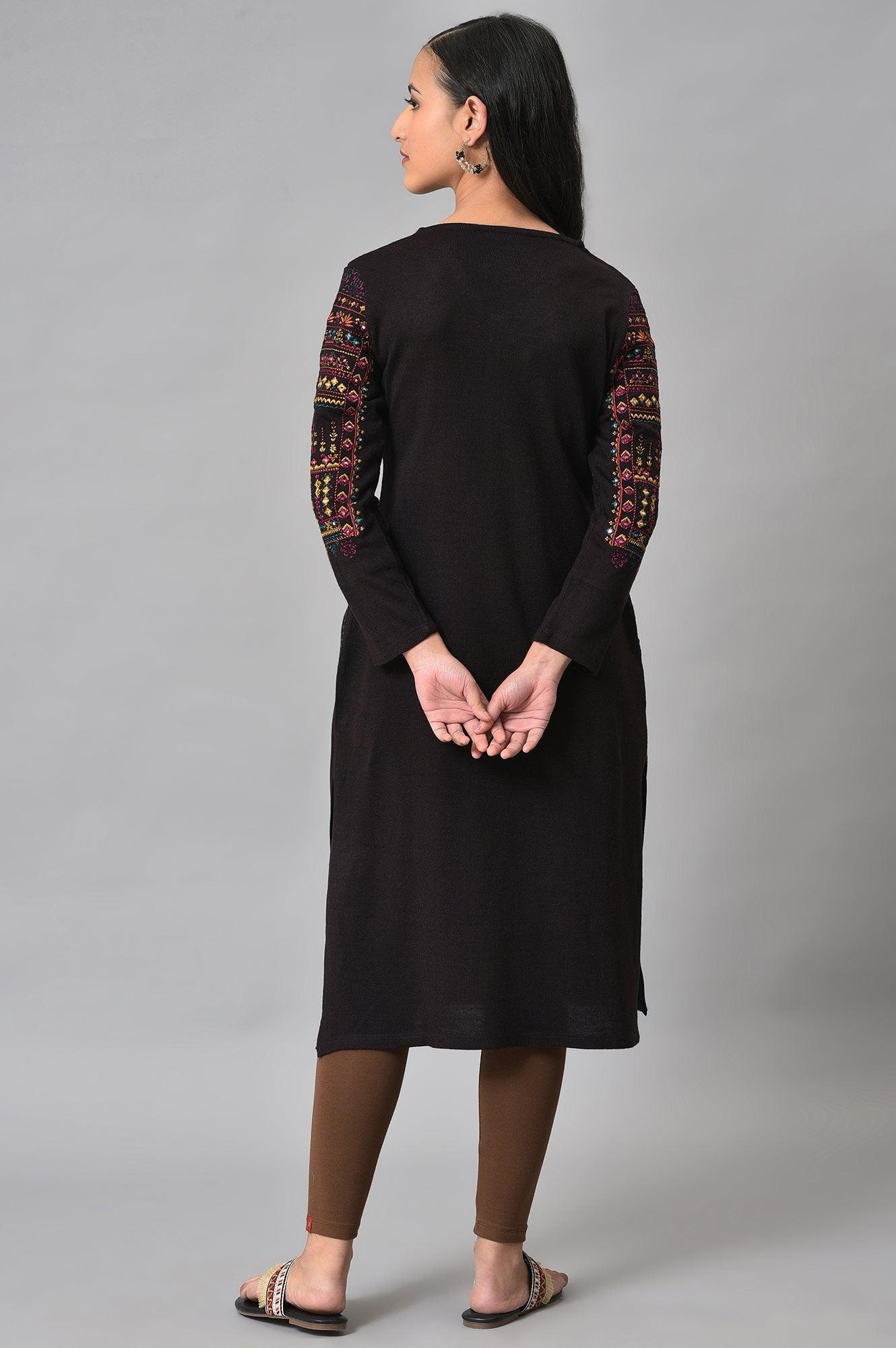 Brown Embroidered Plus Size Winter Kurta - wforwoman