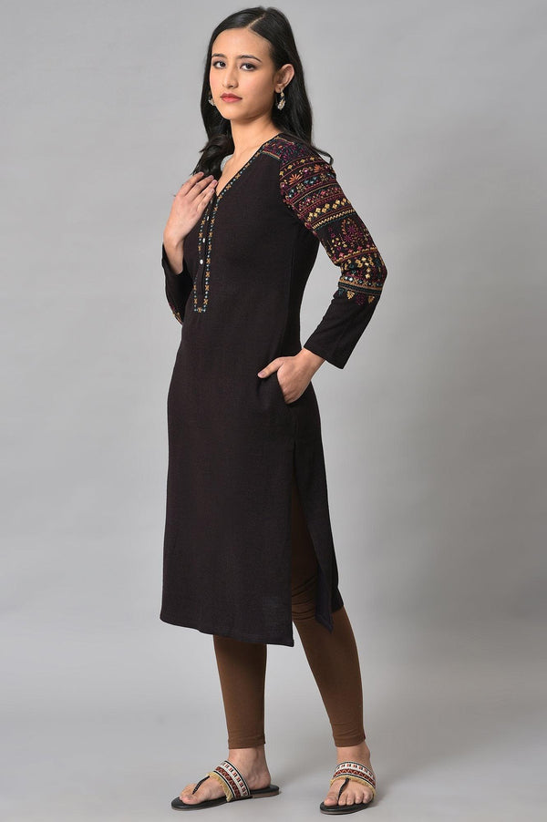 Brown Embroidered Winter kurta