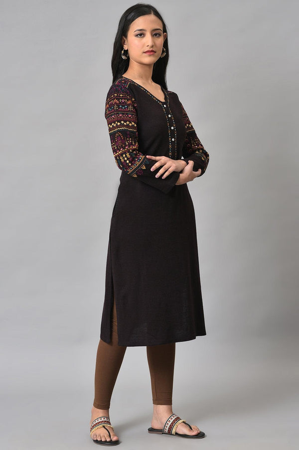 Brown Embroidered Plus Size Winter Kurta