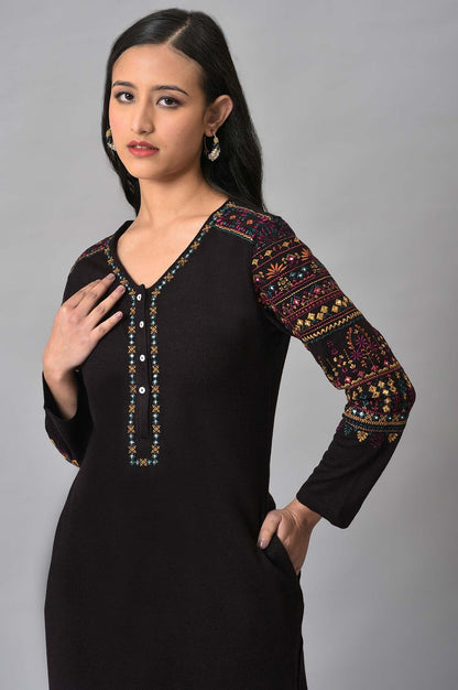 Brown Embroidered Plus Size Winter Kurta - wforwoman