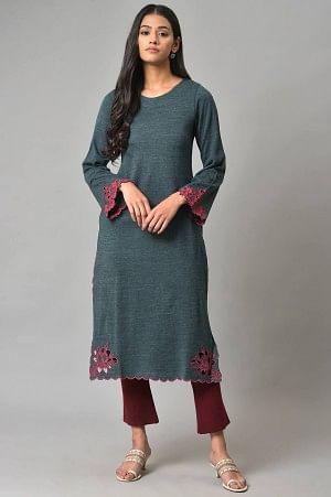 Blue Cutout Embroidered Plus Size Winter Kurta - wforwoman