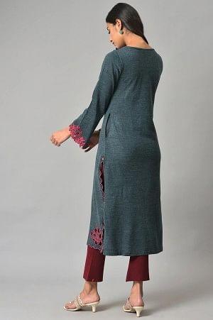 Blue Cutout Embroidered Plus Size Winter Kurta - wforwoman