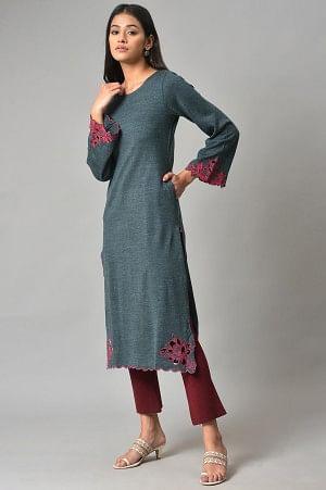 Blue Cutout Embroidered Plus Size Winter Kurta