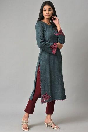 Blue Cutout Embroidered Plus Size Winter Kurta