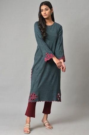 Blue Cutout Embroidered Winter kurta