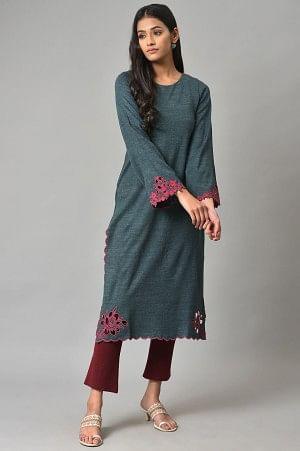 Blue Cutout Embroidered Plus Size Winter Kurta