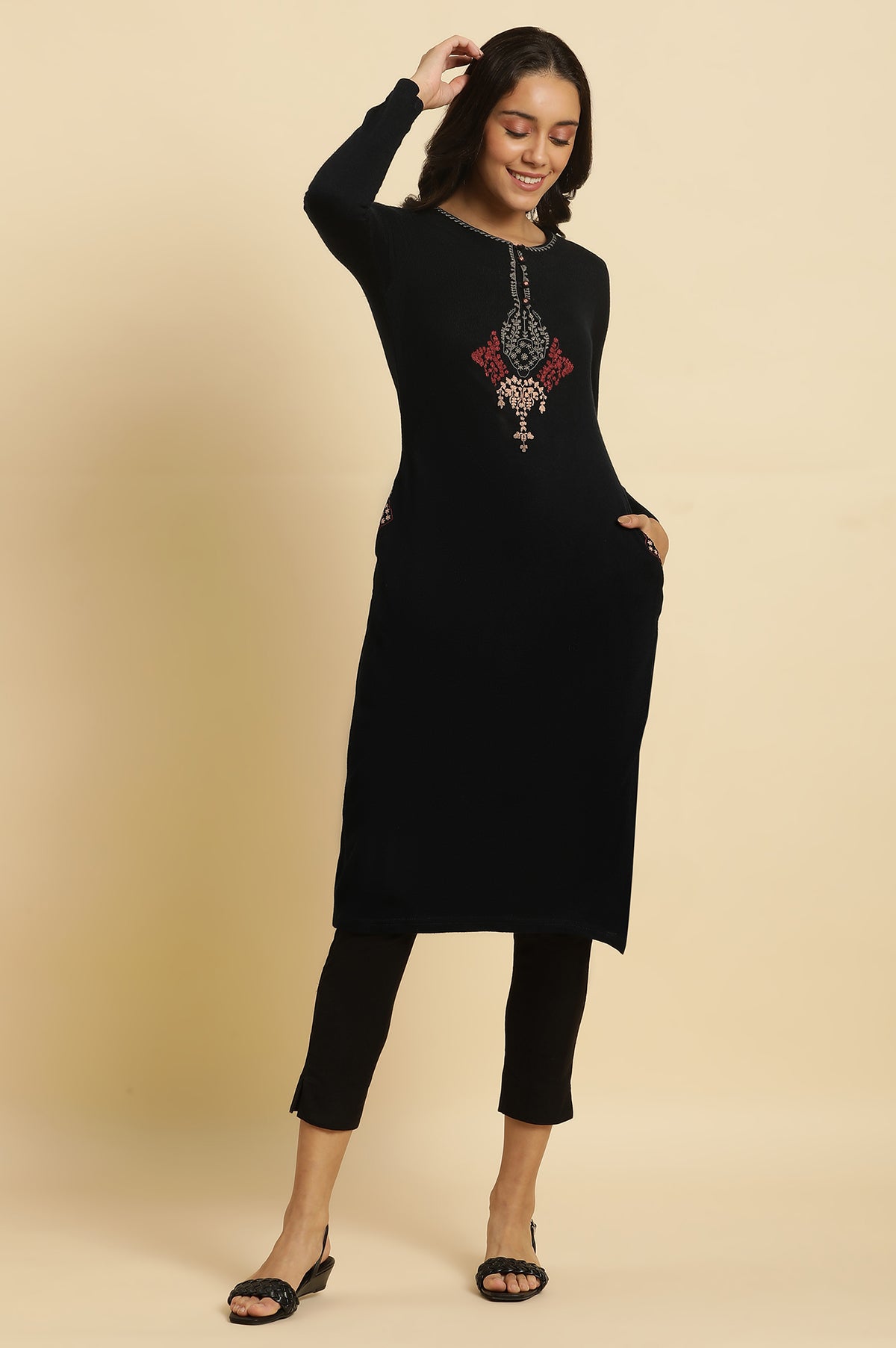 Blue Embroidered Winter Kurta - XS