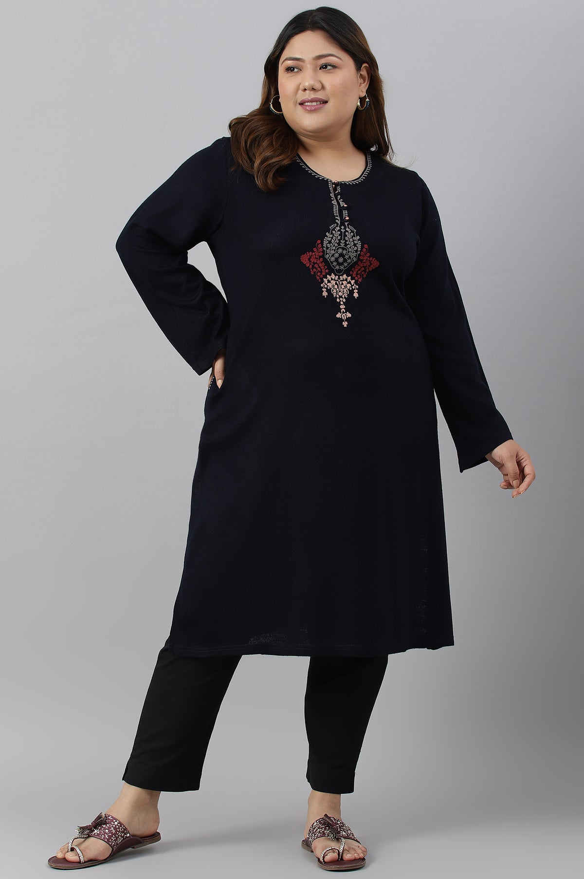 Blue Embroidered Plus Size Winter kurta - XS