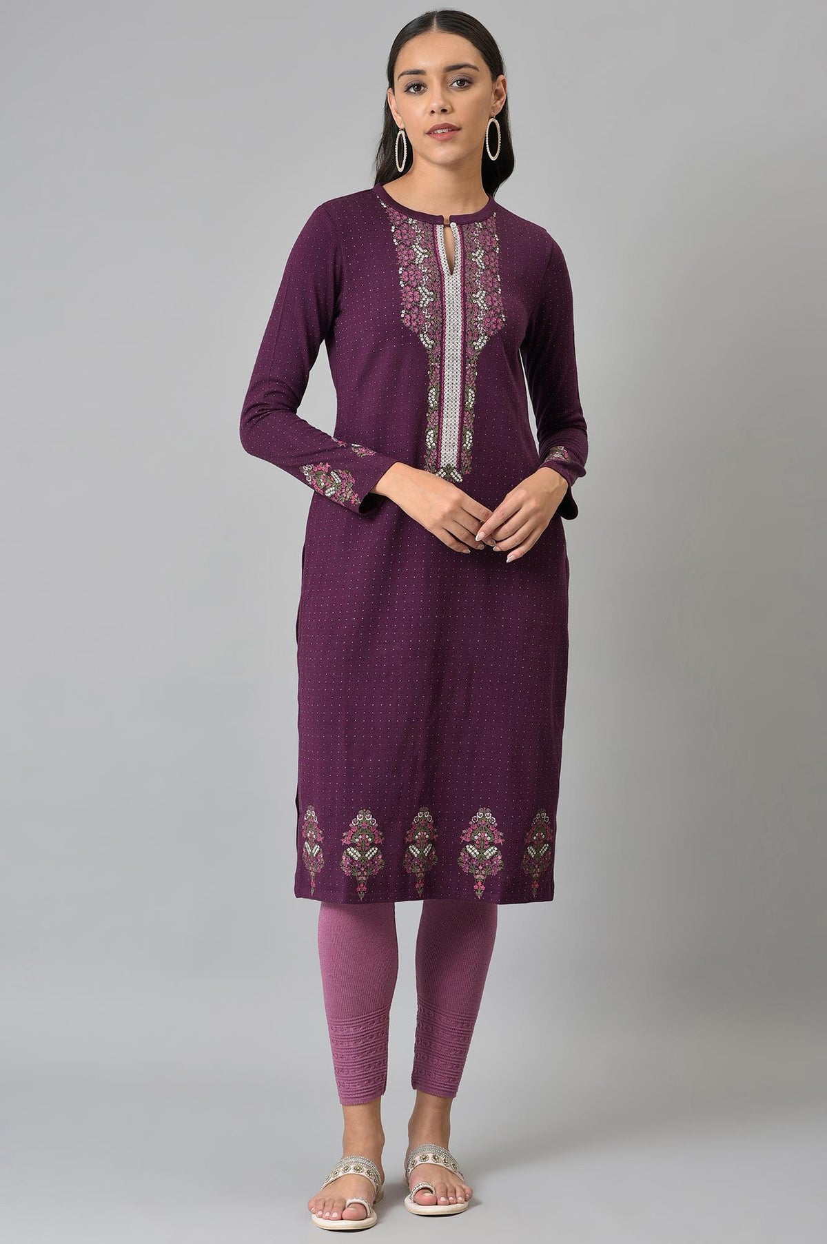 Purple Floral Printed Winter kurta - XS