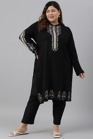 Black Floral Printed Straight Winter Plus Size kurta - XS