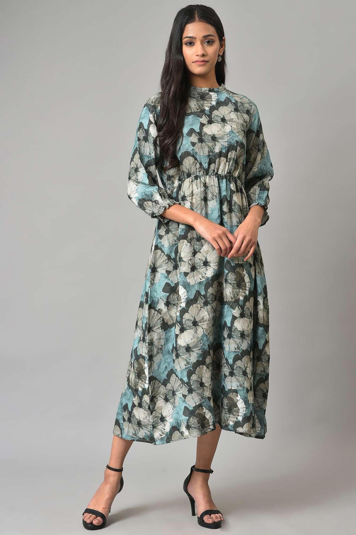 Blue A-Line Prined Smocked Western Dress - XS