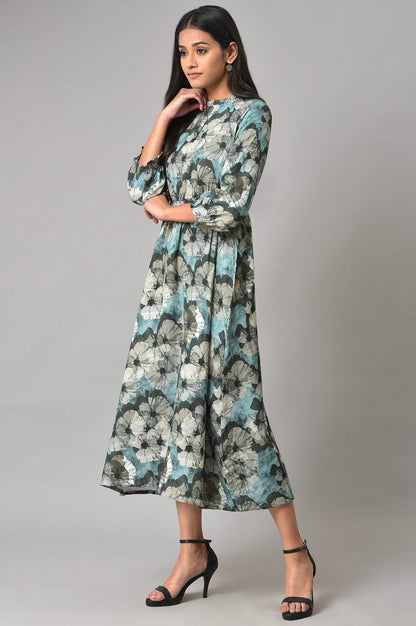 Blue A-Line Prined Smocked Western Dress - wforwoman