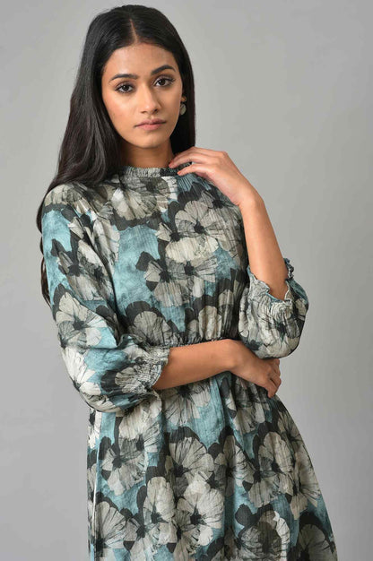 Blue A-Line Prined Smocked Western Dress - wforwoman