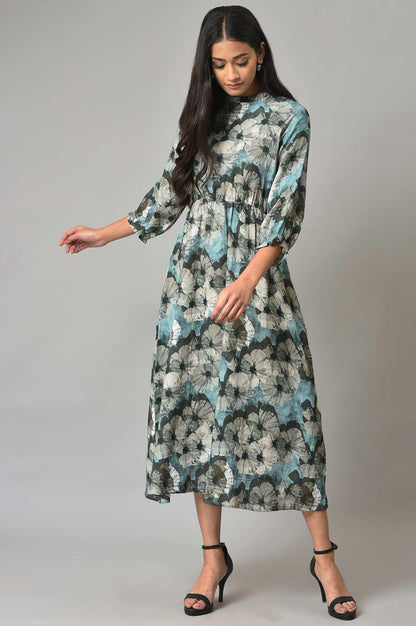 Blue A-Line Prined Smocked Western Dress - wforwoman