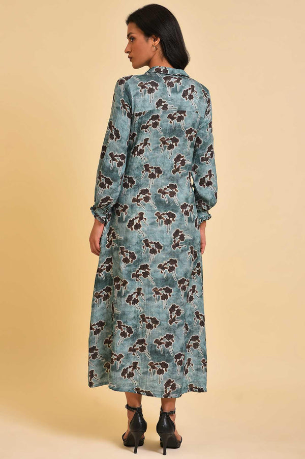 Blue Floral Printed Western Full Length Dress