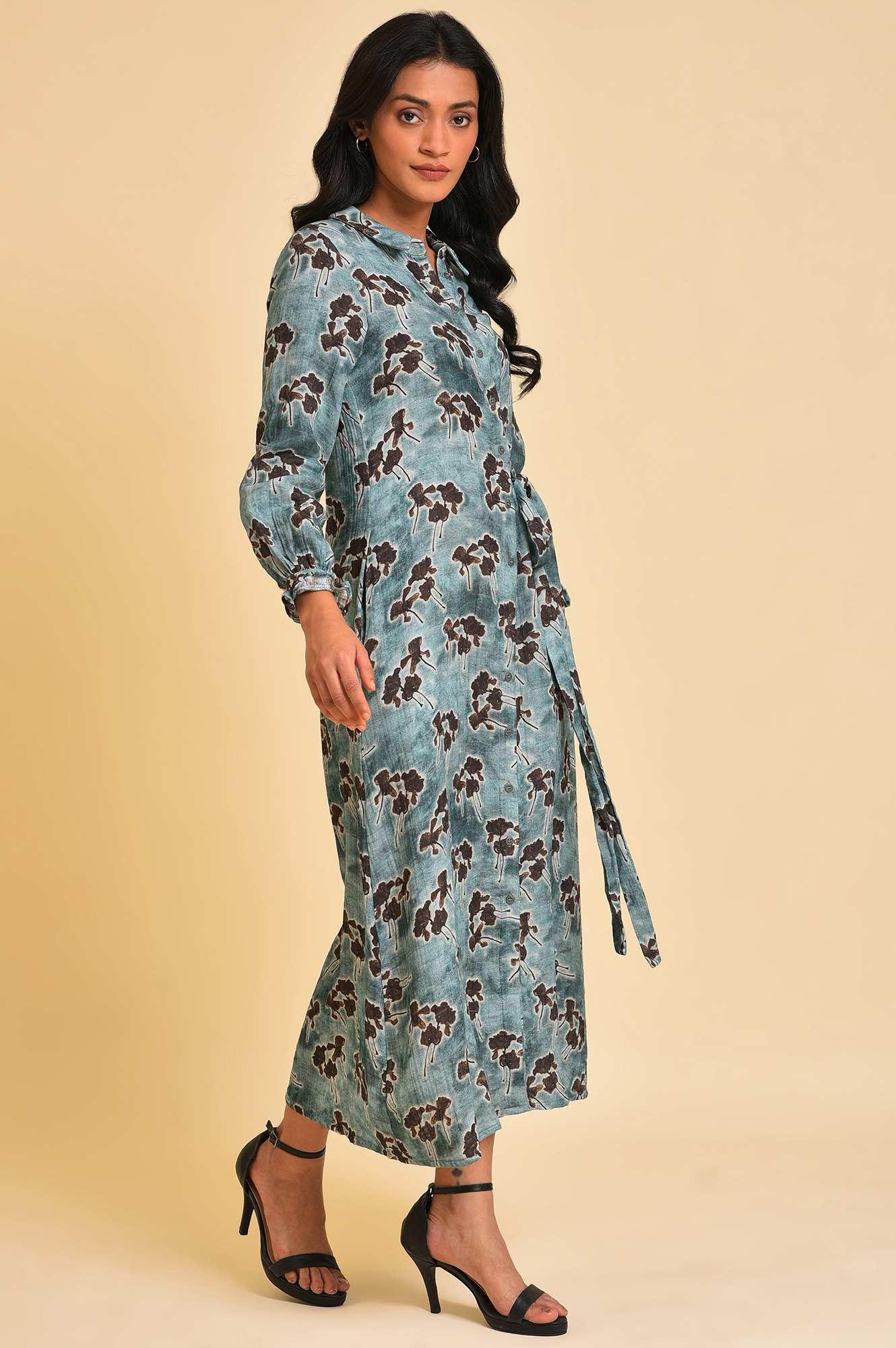 Blue Floral Printed Western Full Length Dress - wforwoman