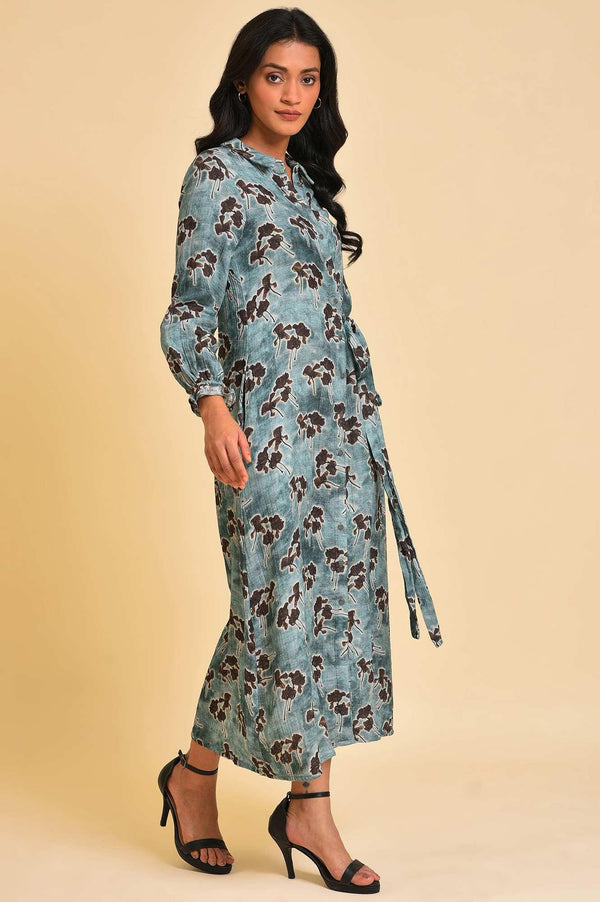 Blue Floral Printed Western Full Length Dress