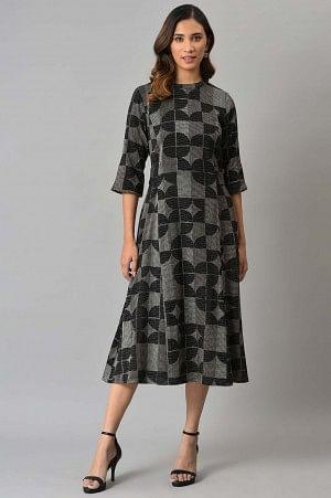 Black Geometric Print Cross Hatch Belt Dress - wforwoman