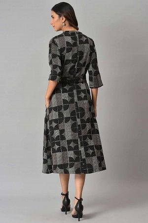 Black Geometric Print Cross Hatch Belt Dress - wforwoman
