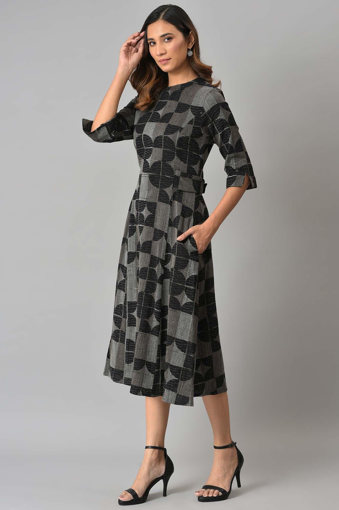 Black Geometric Print Cross Hatch Belt Dress - wforwoman