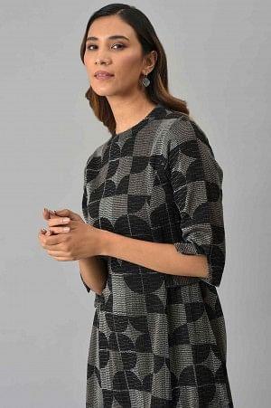 Black Geometric Print Cross Hatch Belt Dress - wforwoman