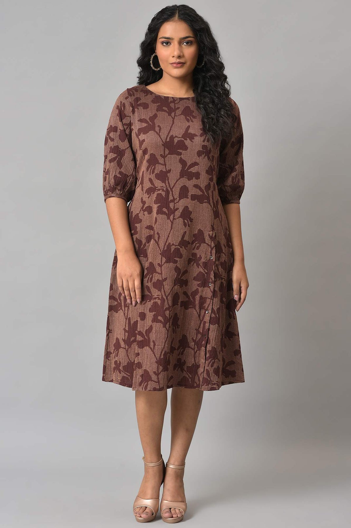 Brown Yarn-Dyed Floral Printed Western Dress - XS