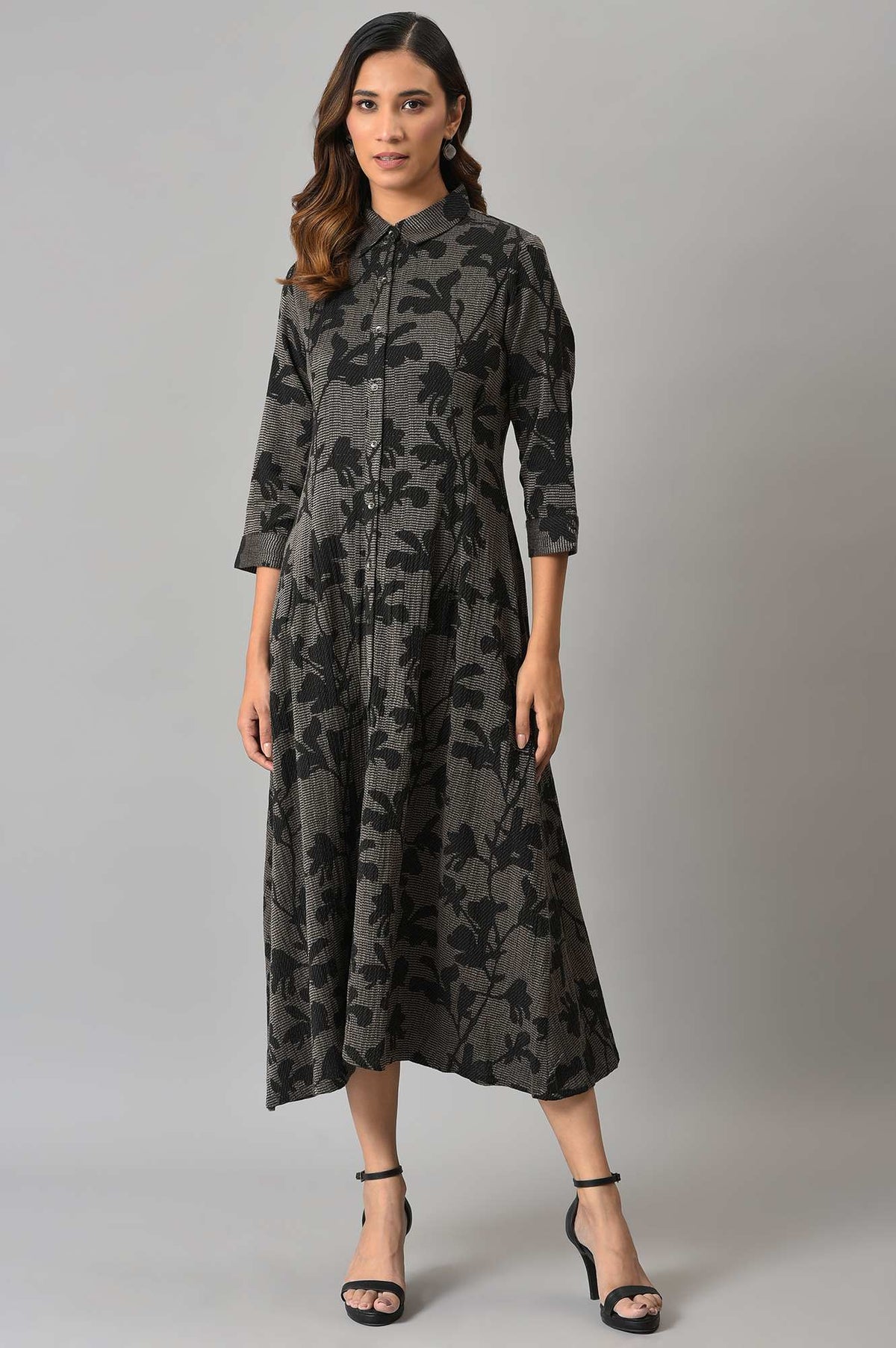 Black Pleated Floral Print Dress - XS