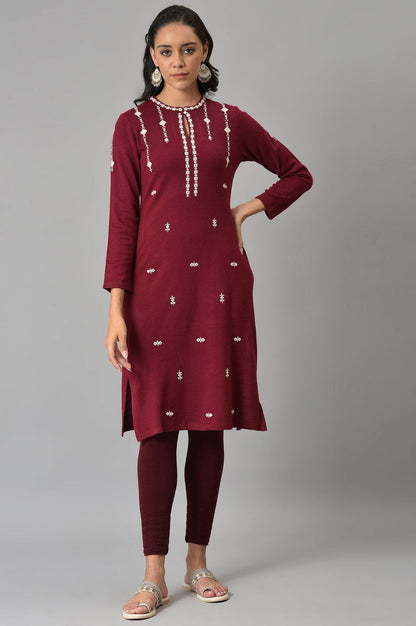 Dark Red Floral Printed Embroidered kurta - wforwoman