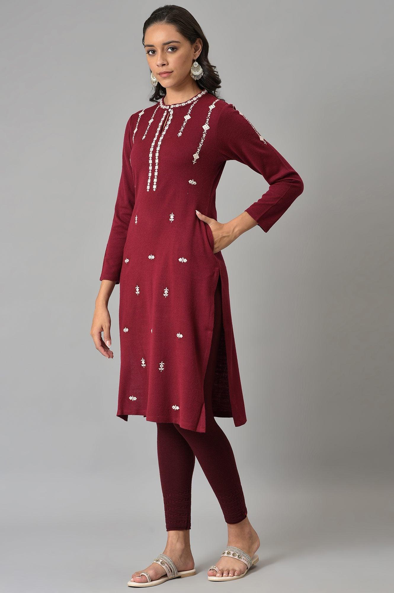 Dark Red Floral Printed Embroidered kurta - wforwoman