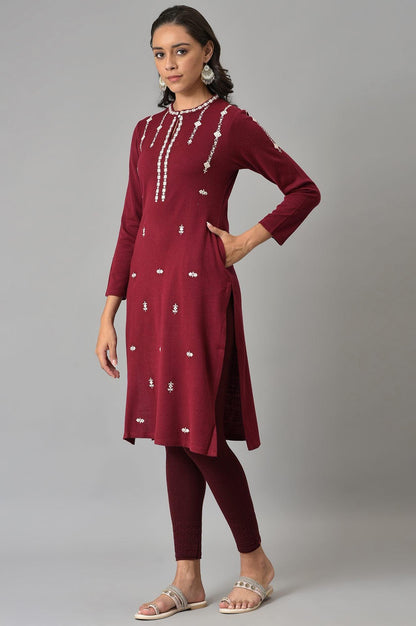 Dark Red Floral Printed Embroidered kurta - wforwoman