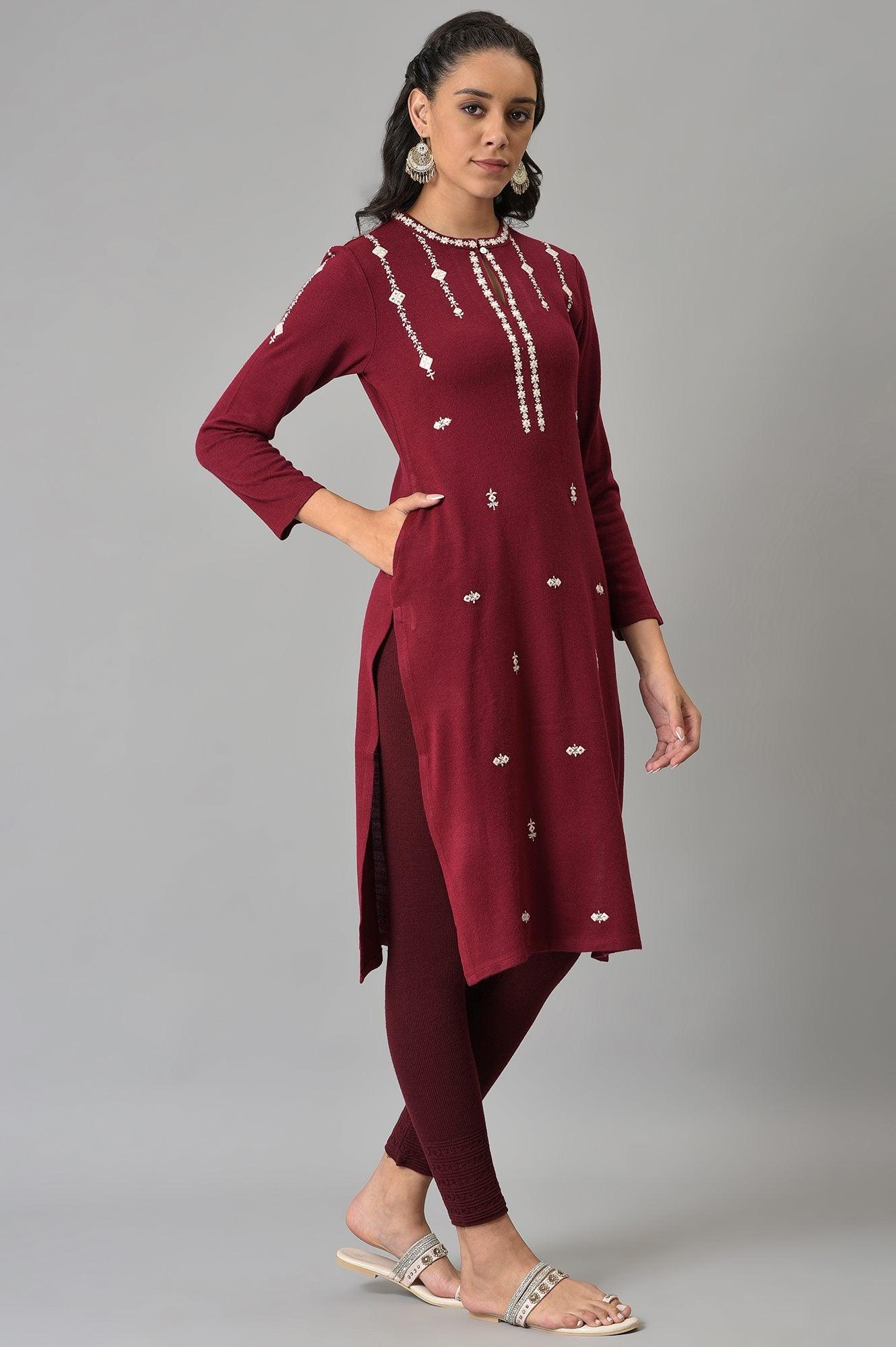 Dark Red Floral Printed Embroidered kurta - wforwoman