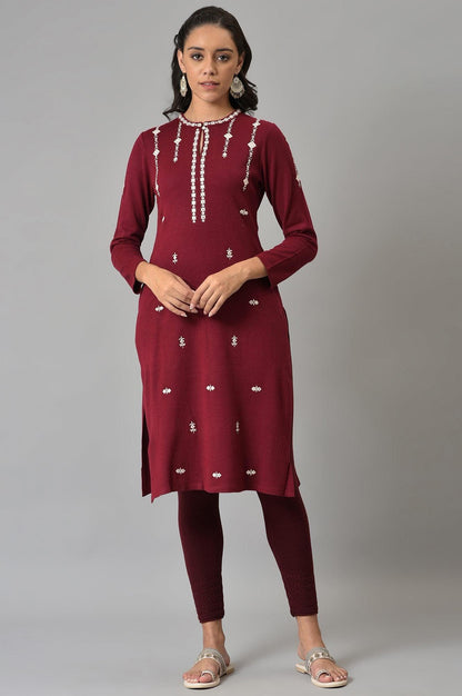 Dark Red Floral Printed Embroidered kurta - wforwoman