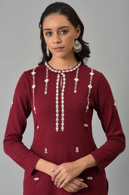 Dark Red Floral Printed Embroidered kurta - wforwoman