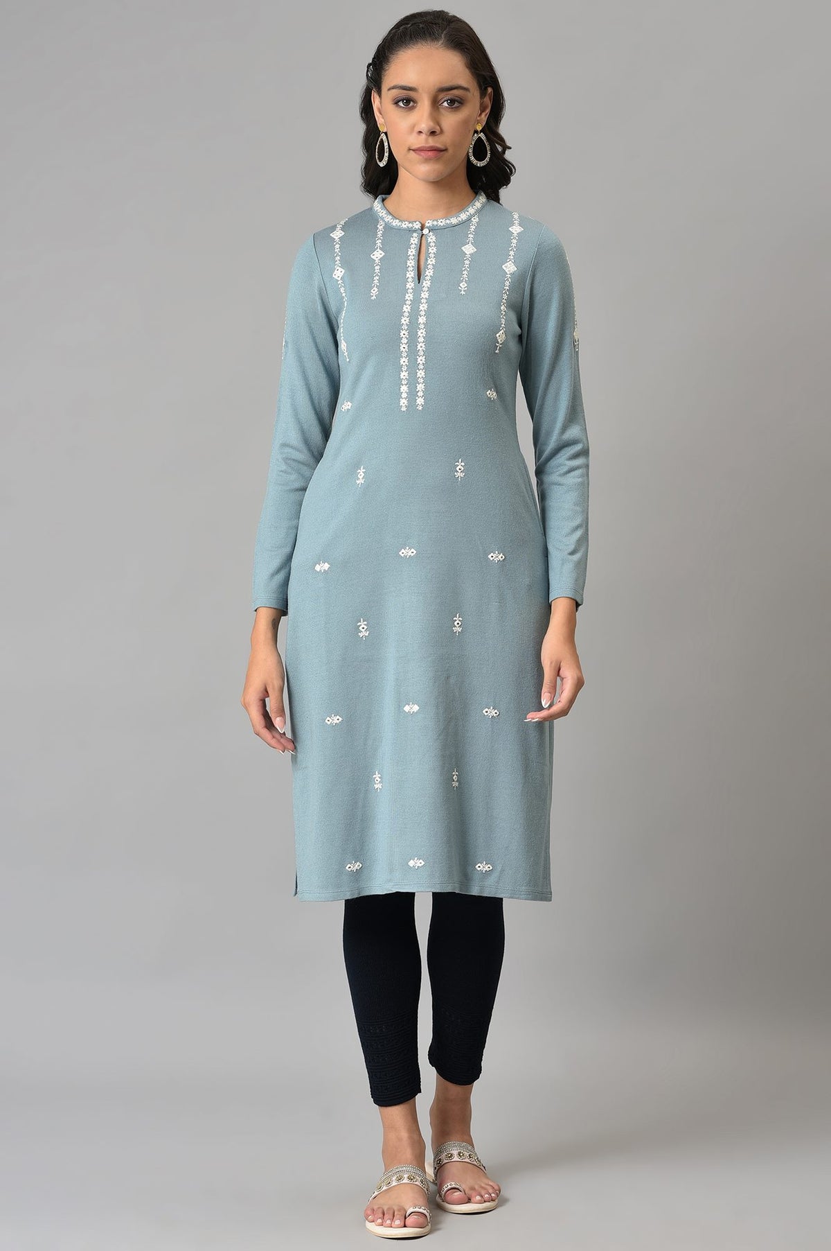 Blue Red Floral Printed Embroidered kurta - XS