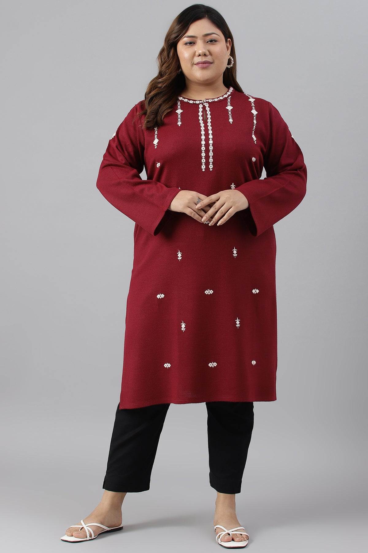 Dark Red Embroidered Plus Size Winter kurta - XS
