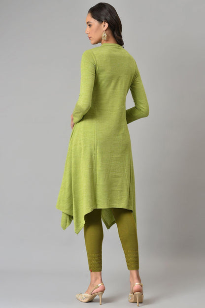 Green A-Line Embroidered Winter kurta - wforwoman