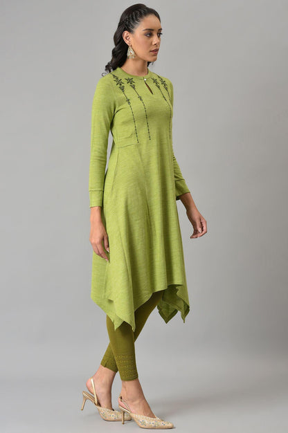 Green A-Line Embroidered Winter kurta - wforwoman