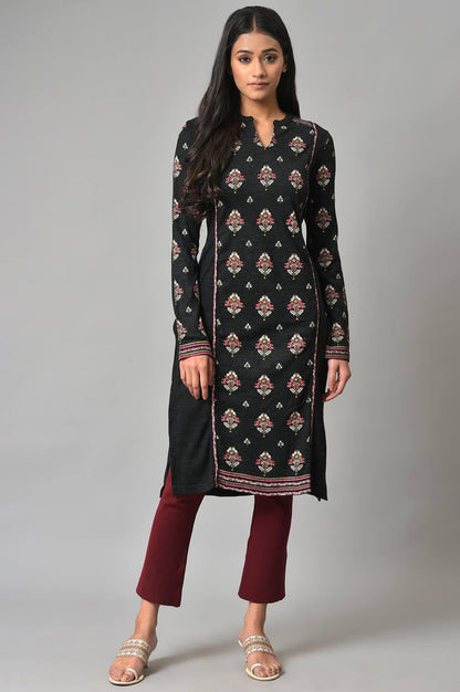Black Floral Printed Winter kurta - wforwoman