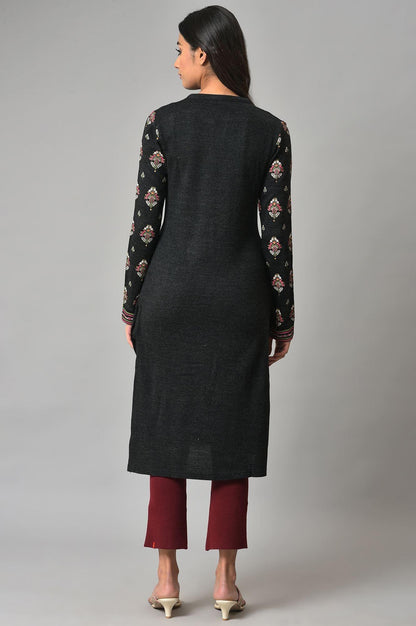 Black Floral Printed Winter kurta - wforwoman