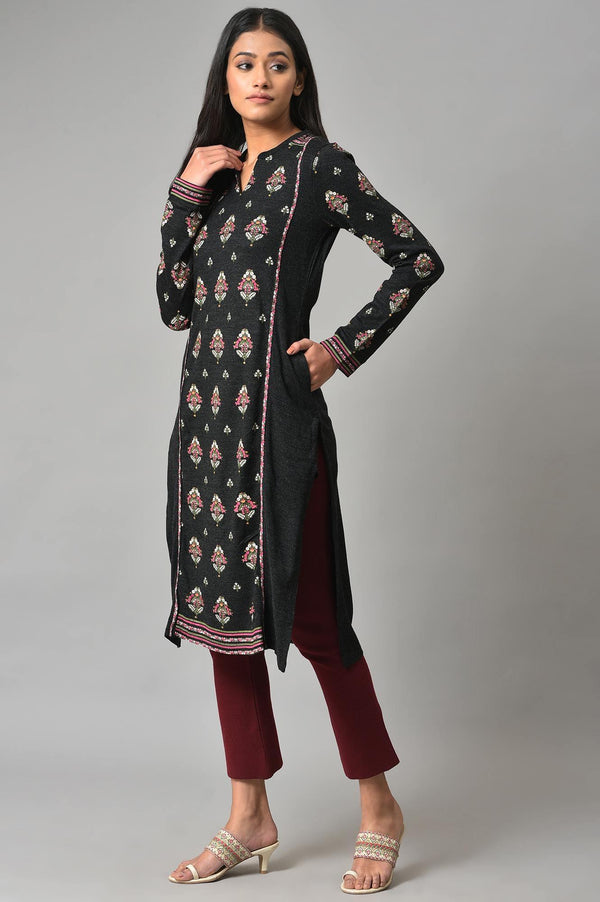 Black Floral Printed Winter kurta