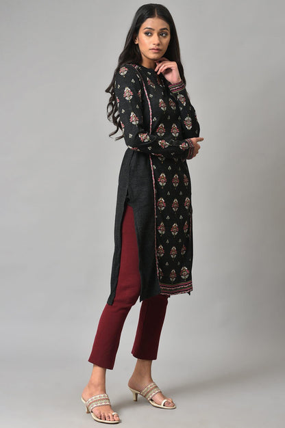 Black Floral Printed Winter kurta - wforwoman