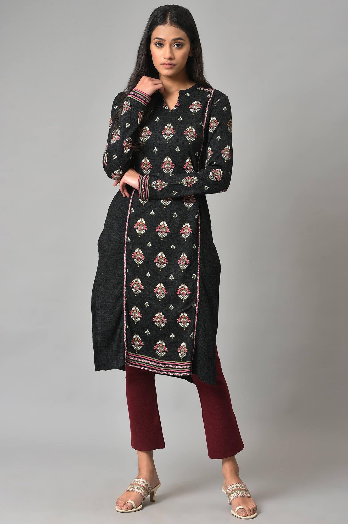 Black Floral Printed Winter kurta - wforwoman