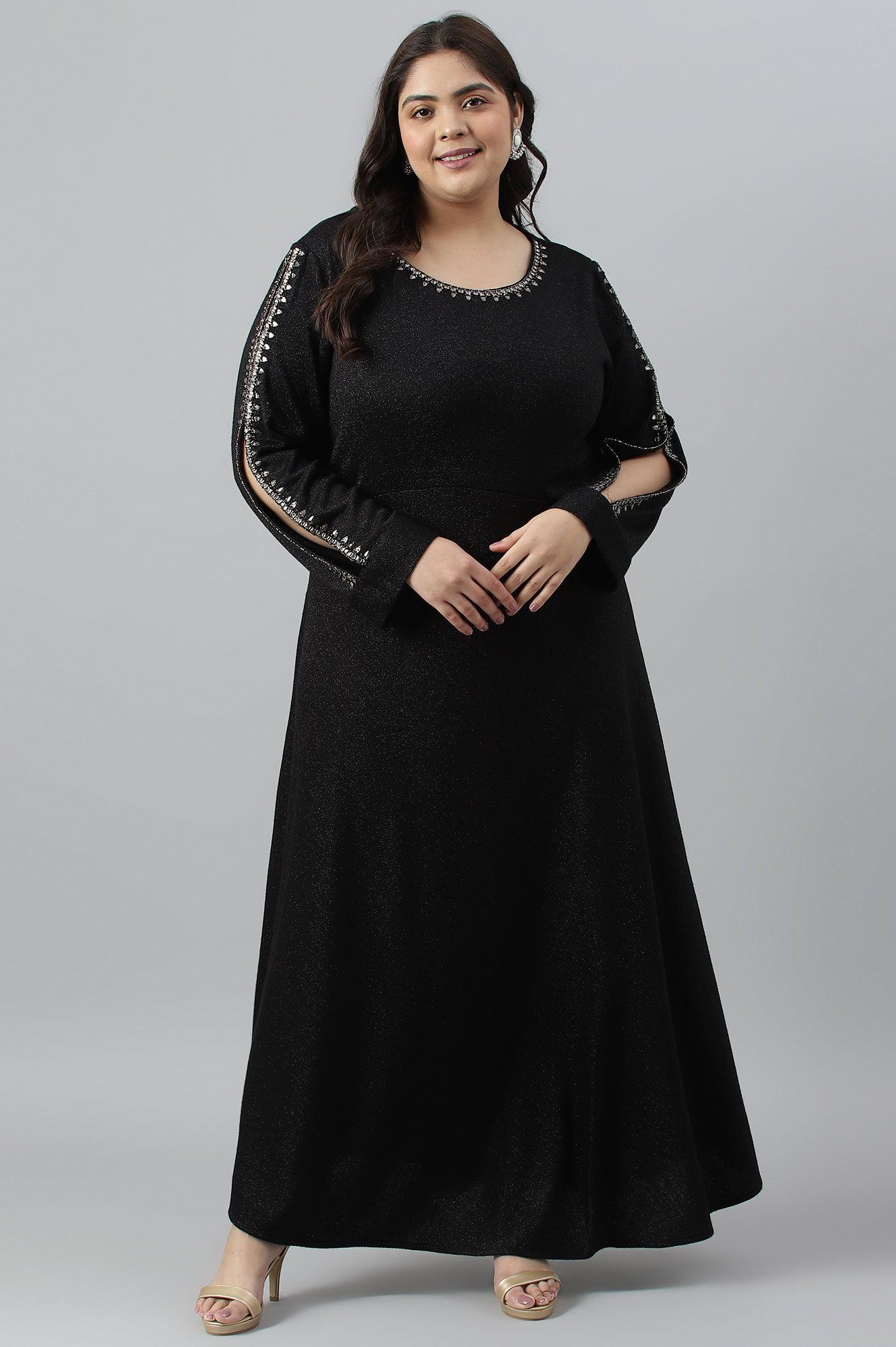 Black Embellished Plus Size Festive Winter Dress - wforwoman