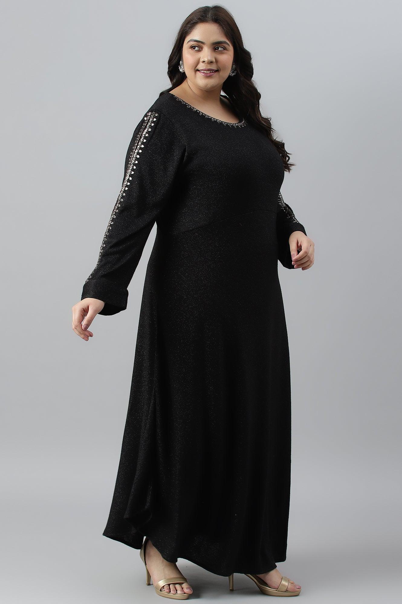 Black Embellished Plus Size Festive Winter Dress - wforwoman