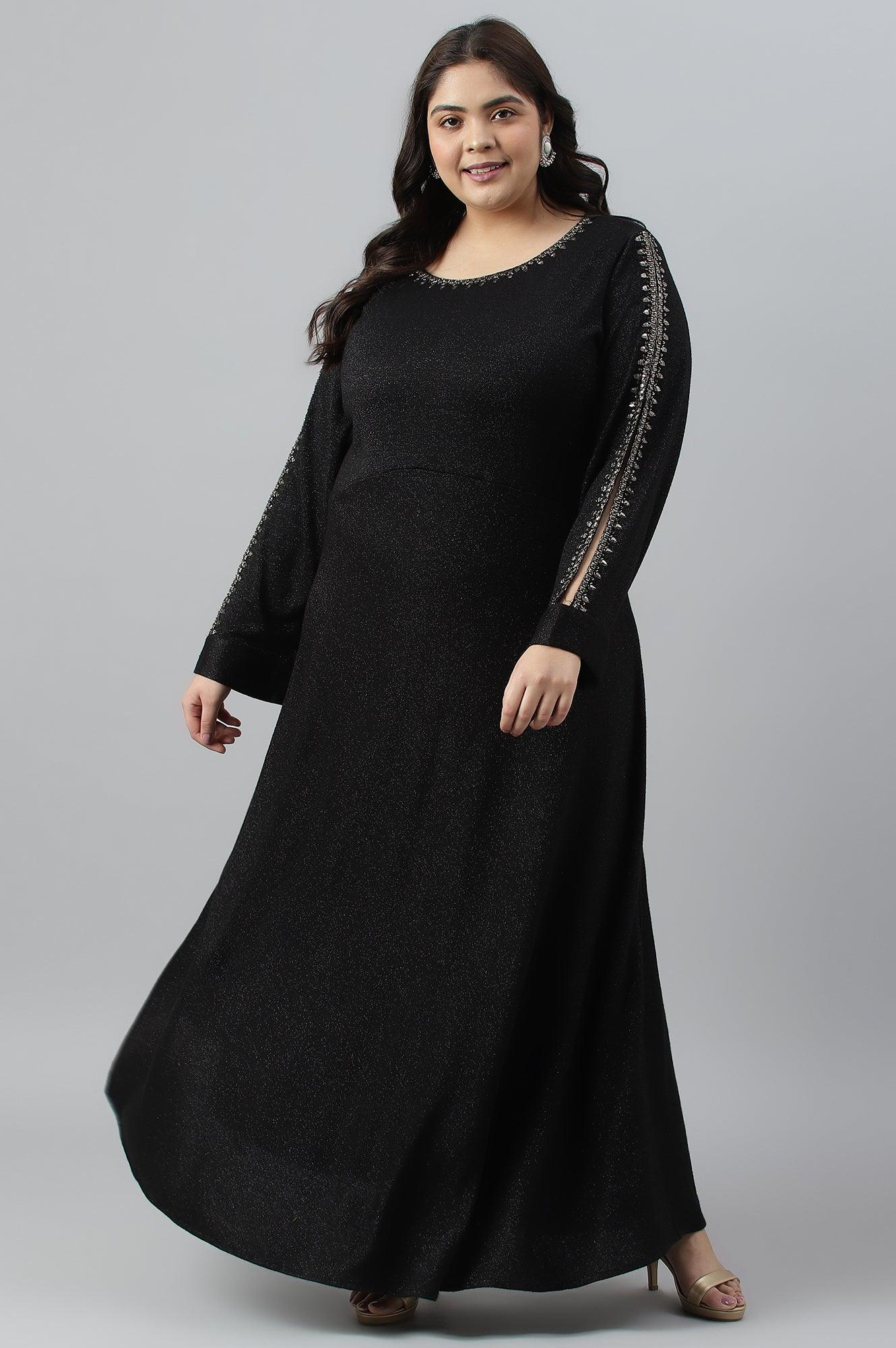 Black Embellished Plus Size Festive Winter Dress - wforwoman
