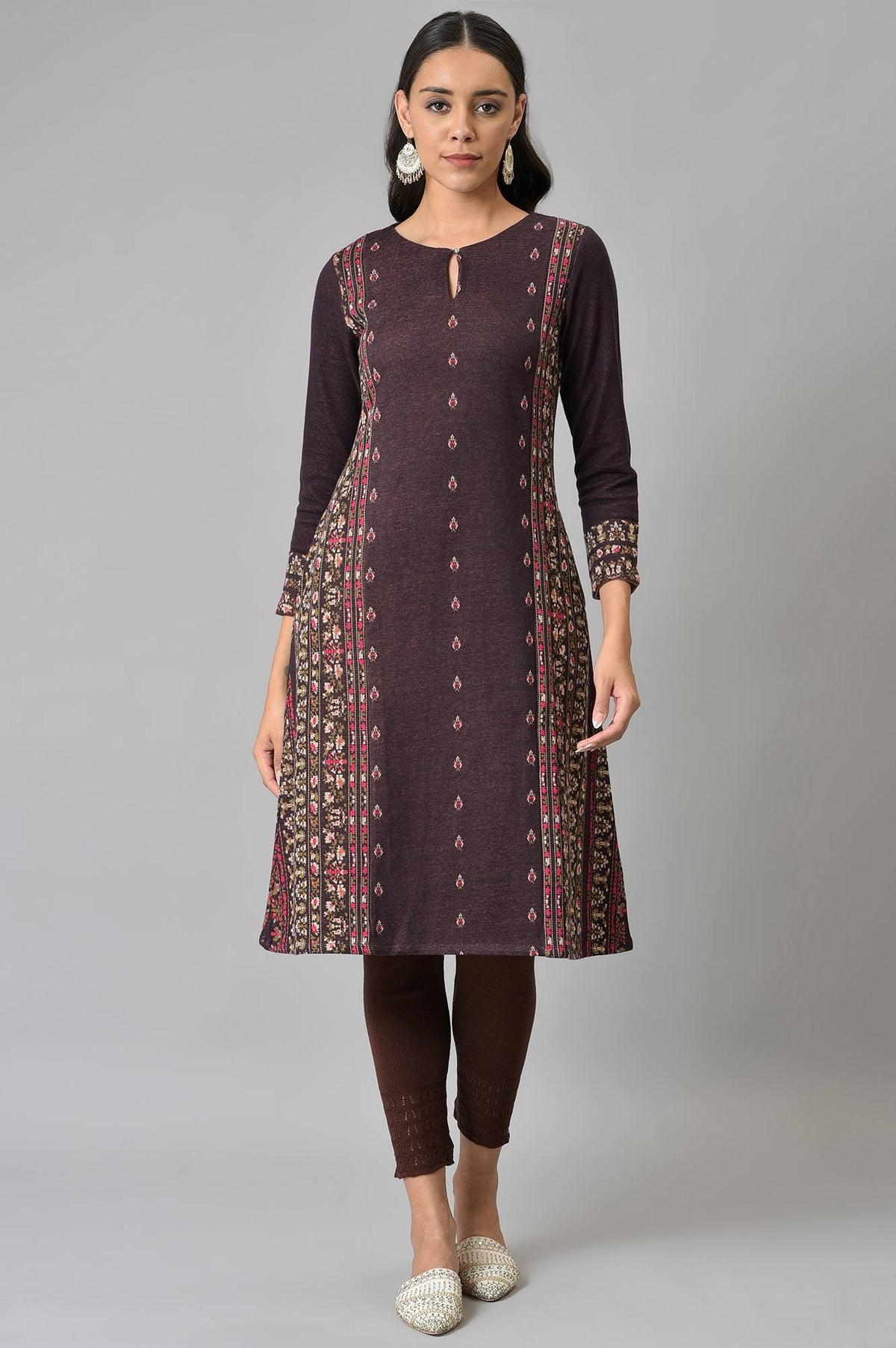 Maroon Jacquard Flared Winter kurta - XS