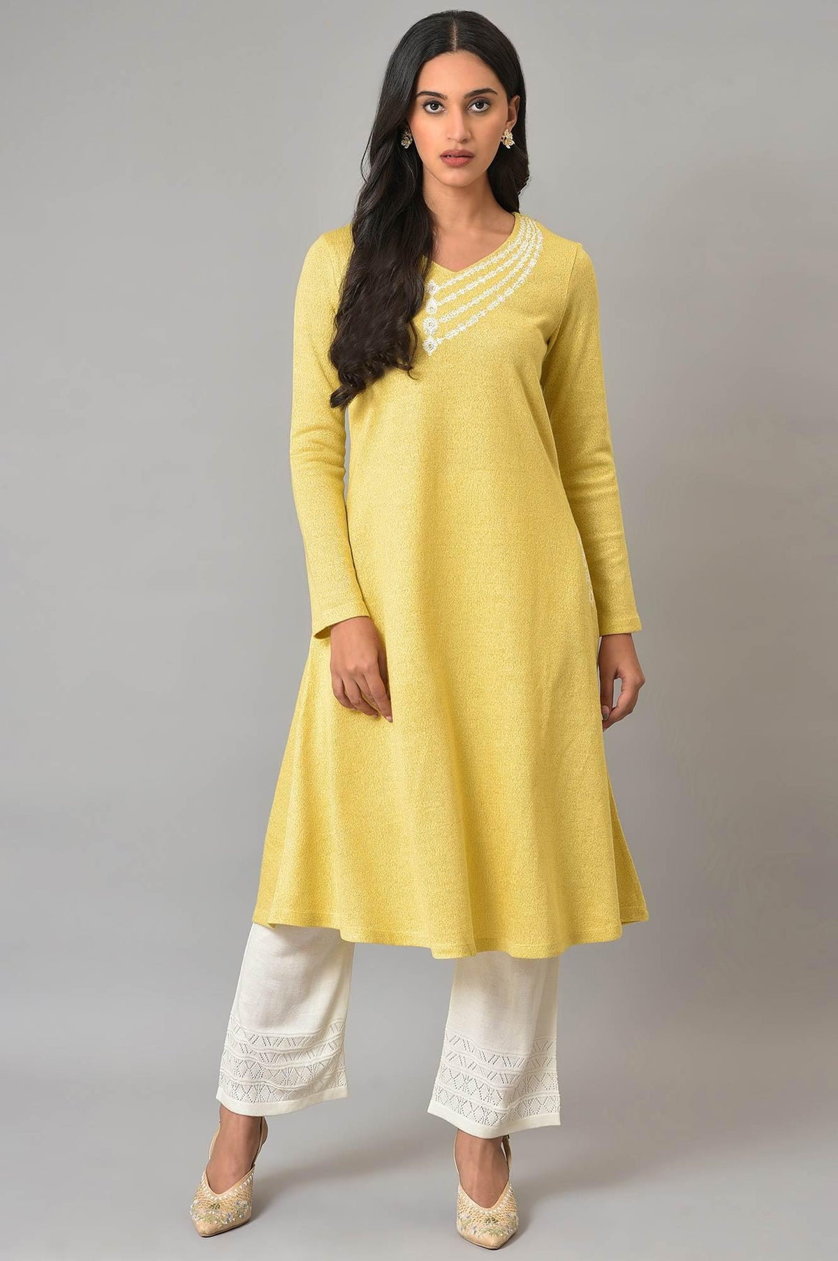 Lemon Yellow Embroidered A-Line Winter kurta - XS