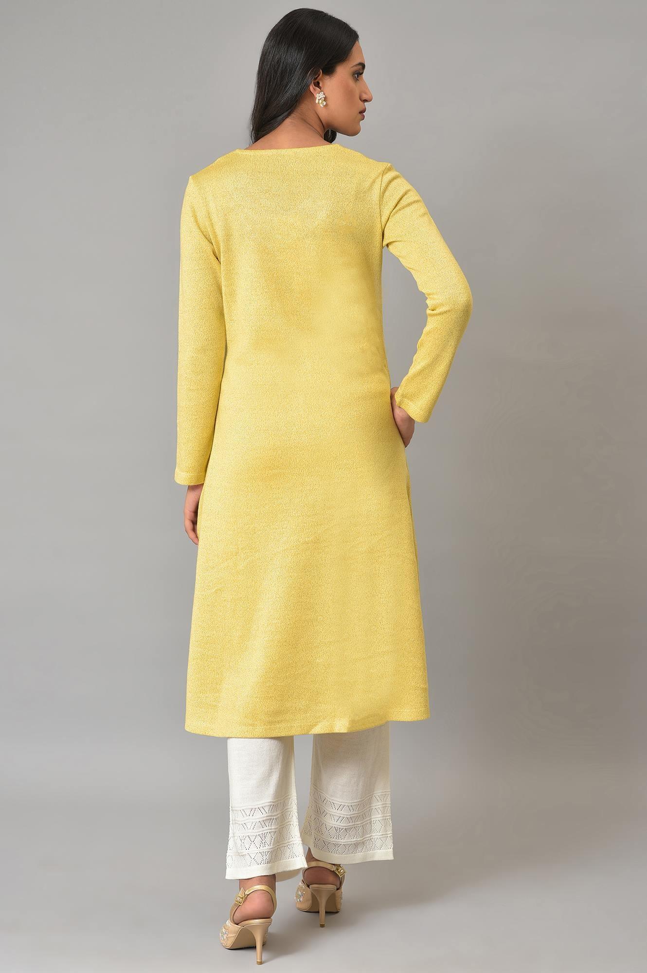 Lemon Yellow Embroidered A-Line Winter kurta - wforwoman