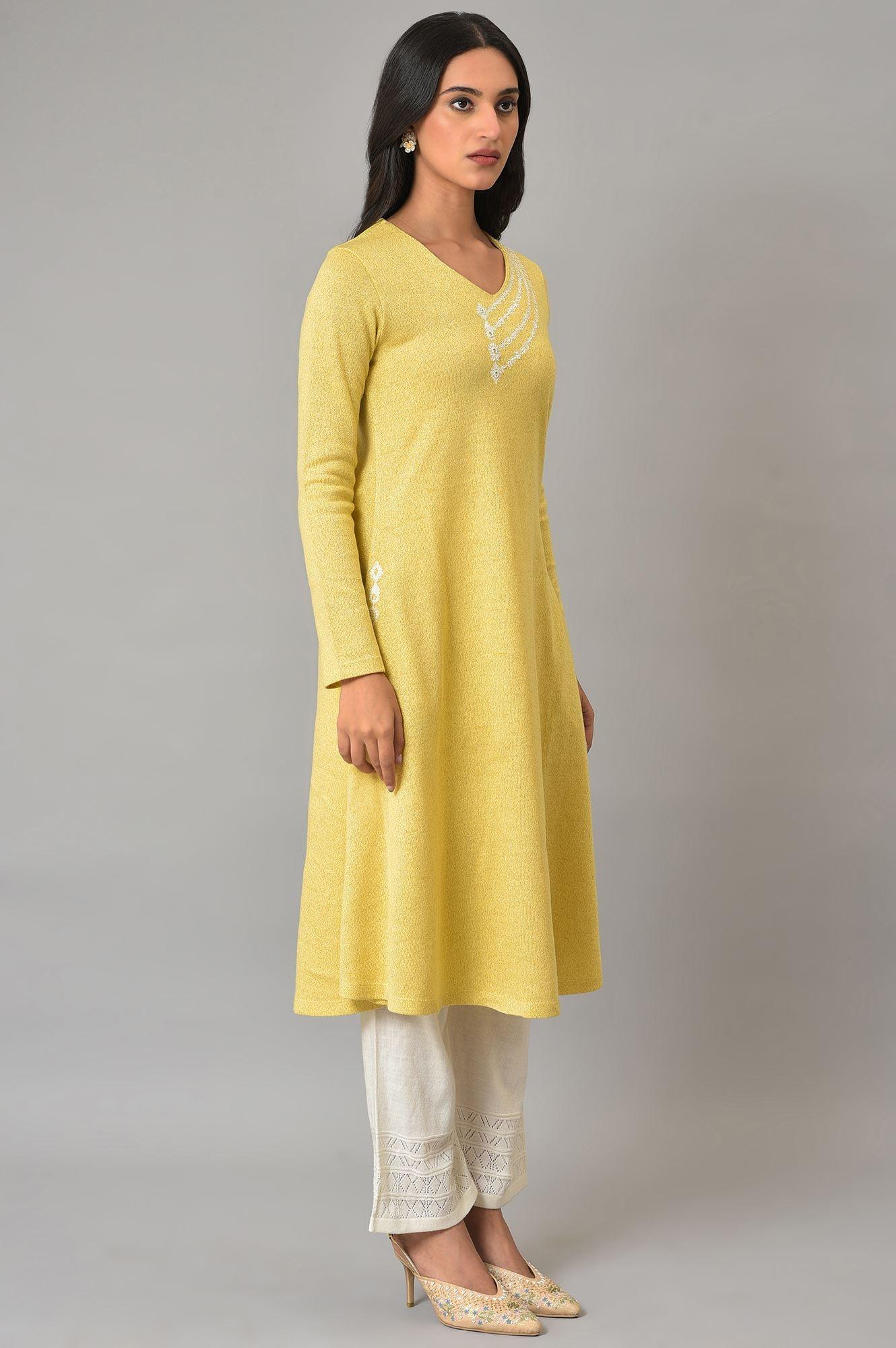 Lemon Yellow Embroidered A-Line Winter kurta - wforwoman