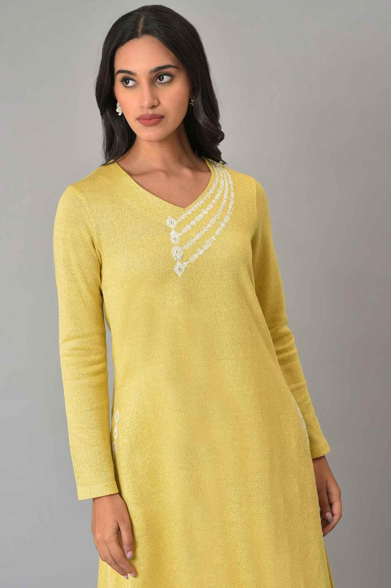 Lemon Yellow Embroidered A-Line Winter kurta - wforwoman
